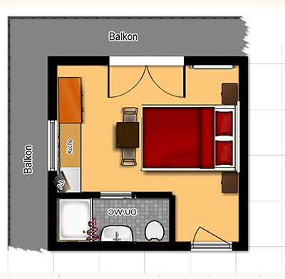 Floor plan of the cozy double room at Pension Luttinger